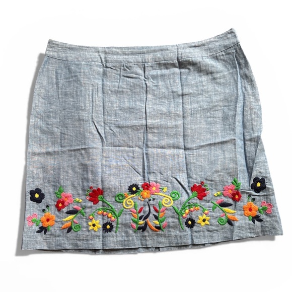 Talbots | Blue A-Line Skirt with Colorful Floral Embroidery | Size 14 - Picture 2 of 10